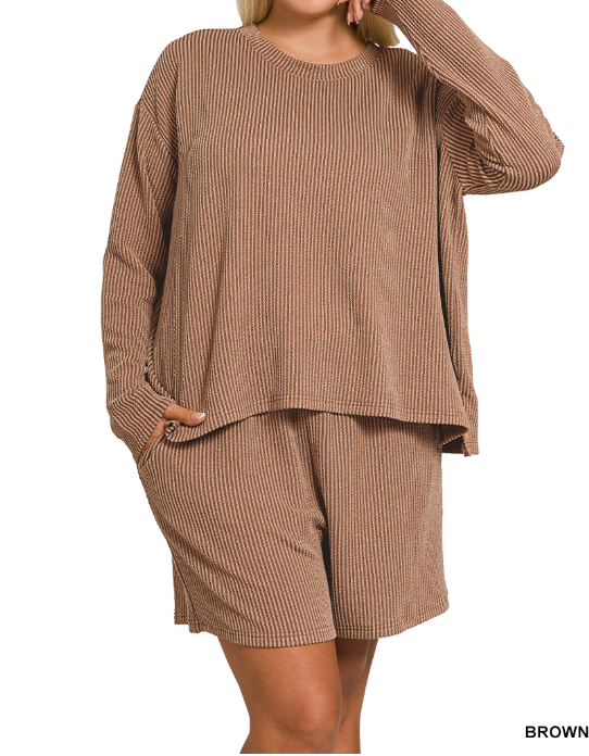 Curvy Brown Raised Rib Long Sleeve Tee & Shorts Set