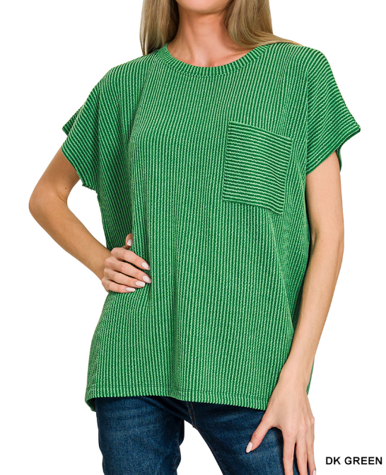 Green Raised Rib Front Pocket Top