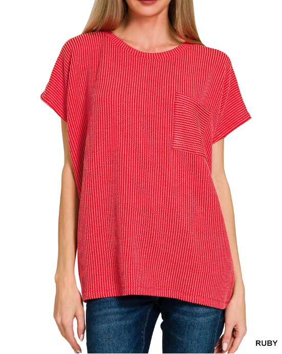 Red Raised Rib Front Pocket Top