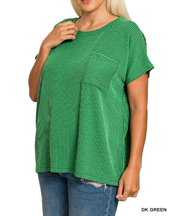 Curvy Green Raised Rib Front Pocket Top