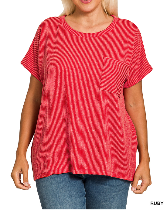 Curvy Red Raised Rib Front Pocket Top
