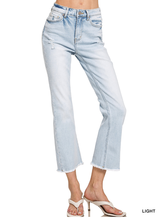 Light Wash High Rise Straight Raw Hem Cropped Denim Pants
