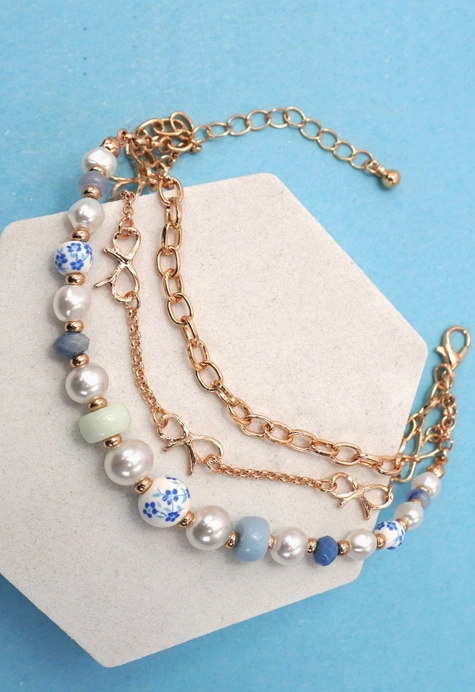 Ceramic Porcelain Pearl Bow Chain Bracelet