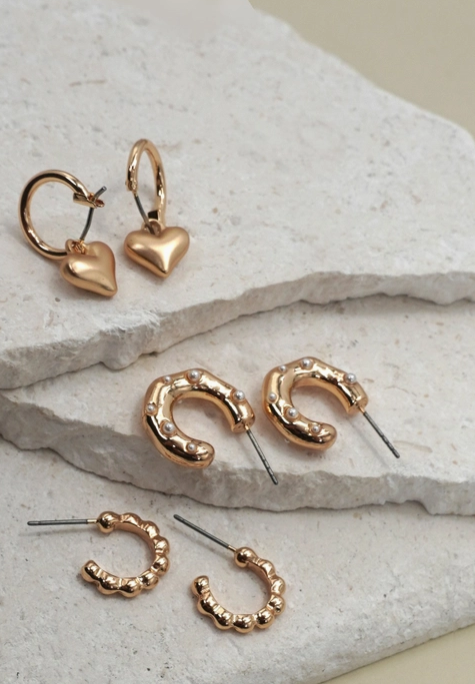 Heart Drop Pearl Studed Hoop Trio Earrings