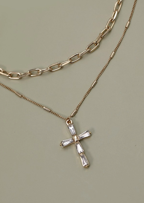 Layered Gold Chain with Rhinestone Style Cross