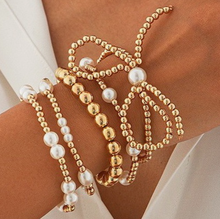 Multi Layer Ball Chain Bead Pearl Bow Bracelet