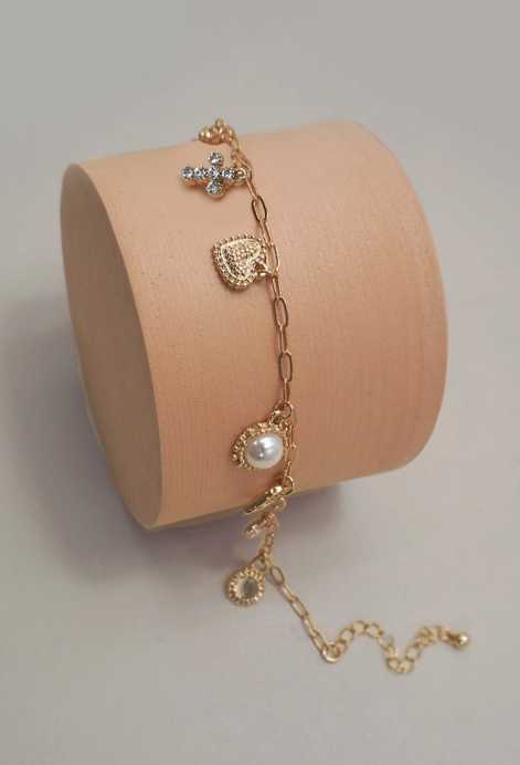 Charm Bracelet-Link Chain Heart Pearl Cross Charms