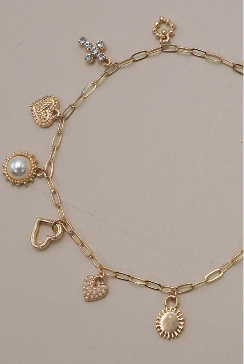 Charm Bracelet-Link Chain Heart Pearl Cross Charms