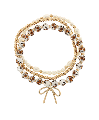 Brown Floral 3 Row Bow & Ball Bracelet Set