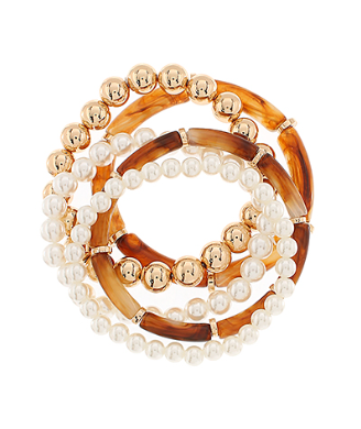 Tortoise 5 Row Bar Pearl & Metal Ball Bracelet