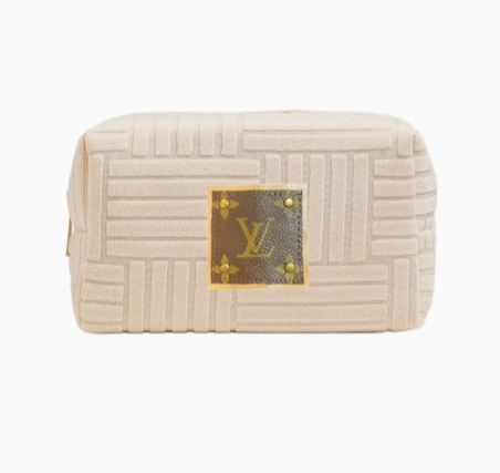 Upcycled Ivory Terry Cloth Travel Pouch (LV Logo is Authentic and has been repurposed onto a new bag)