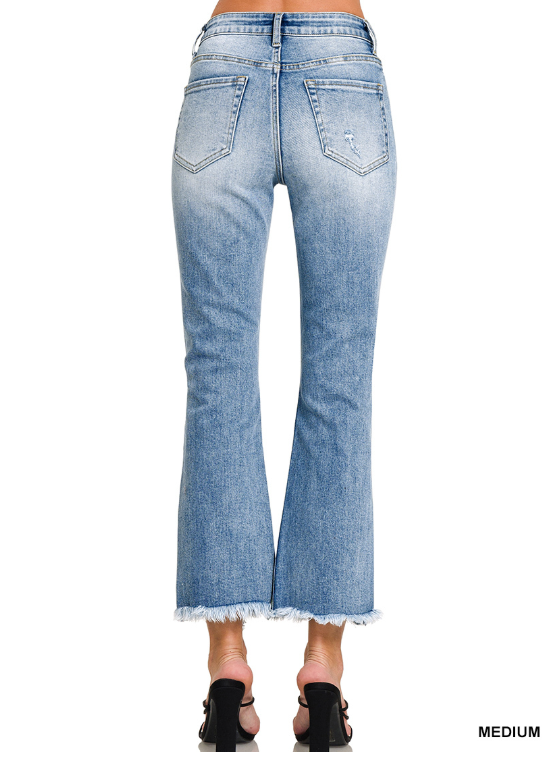 High Rise Straight Raw Hem Cropped Denim Pants