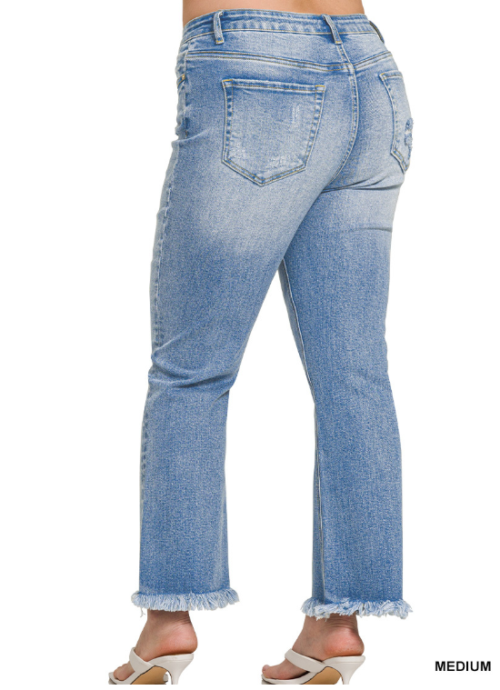 Curvy High Rise Straight Raw Hem Cropped Denim Pants