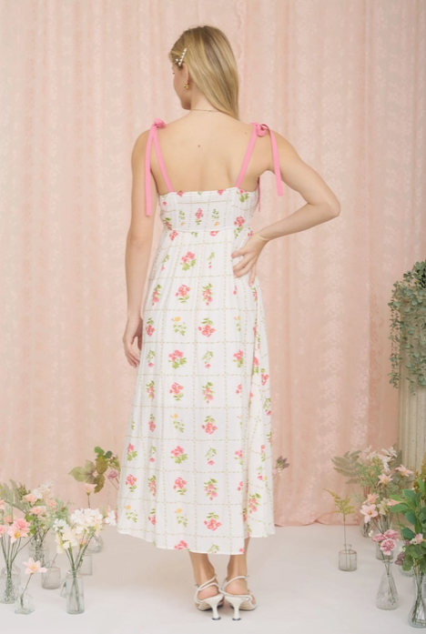 Pink floral tile pattern scalloped tie strap midi dress by Blu Pepper, featuring a flowy silhouette and feminine design.