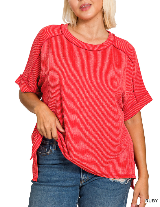 Modern Grace Curvy Ruby Raised Rib Cuff Sleeve Raw Edge Top in plus sizes with flattering stretch fit