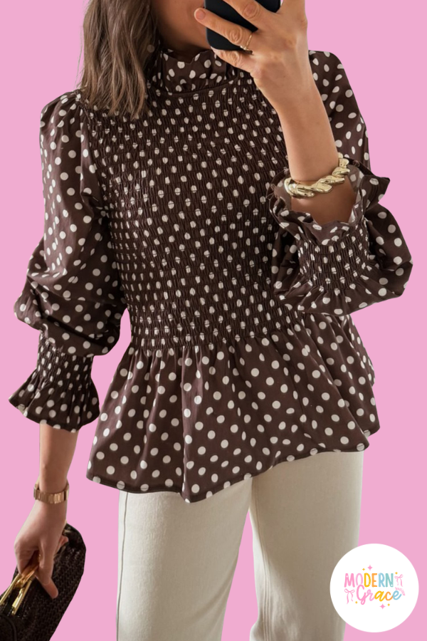 Brown Polka Dot Ruffled High Neck Shirred Ruffle Hem Blouse