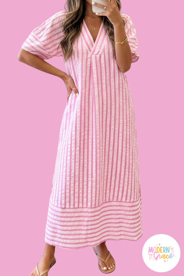 Pink Stripe V Neck Short Sleeve Shift Maxi Dress