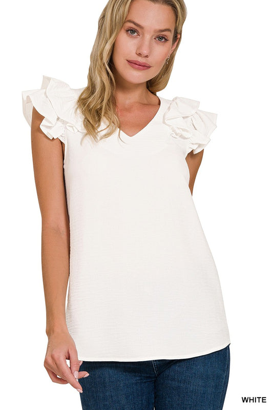 WHITE WOVEN AIRFLOW TIERED RUFFLE SLEEVE TOP