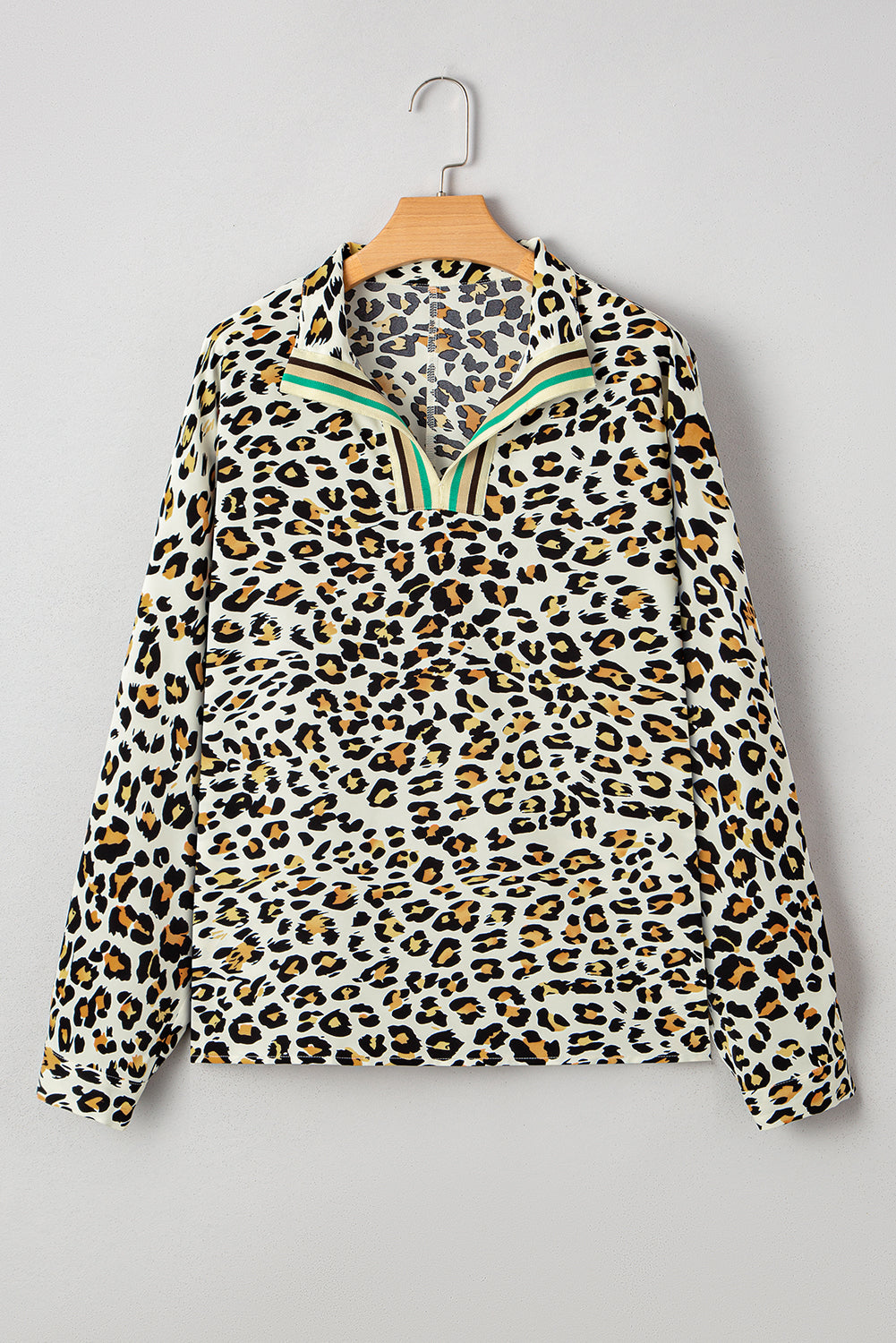 Khaki Leopard Print Contrast Striped V Neck Blouse (Warehouse Exclusives-Online Only)