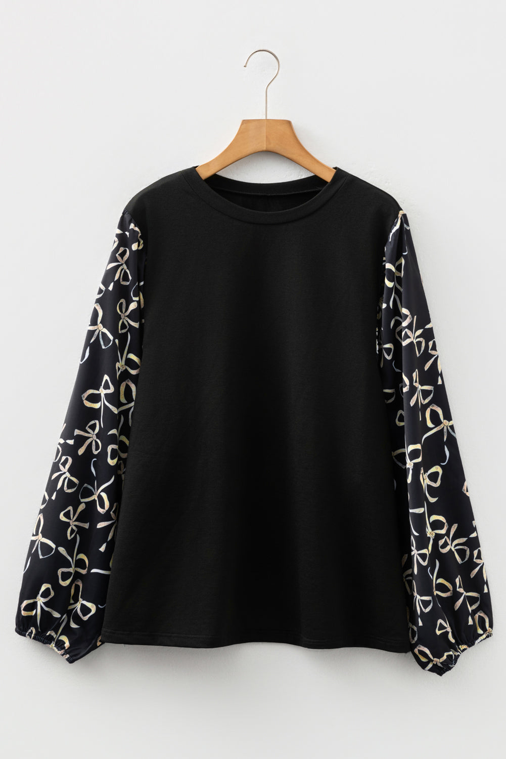 Plus Size Black Bow Knot Patchwork Crewneck Blouse (Warehouse Exclusives - Online only!)