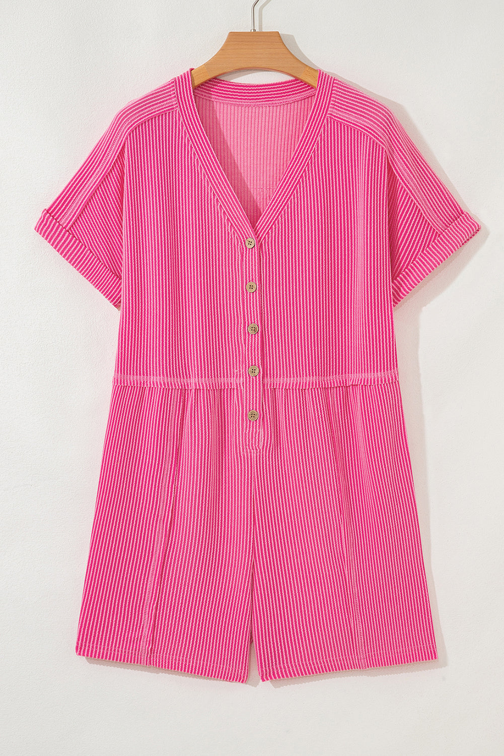 Bright Pink Spiral Ribbed Short Sleeve V Neck Buttoned Romper with Pocket (Warehouse Exclusives)