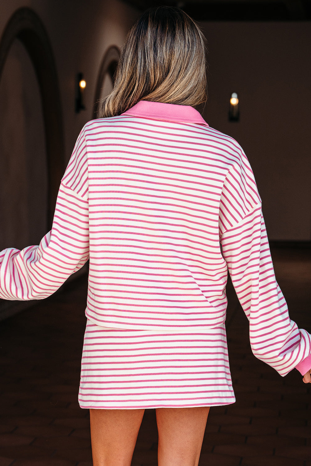 Pink Stripe Collared V Neck Drop Shoulder Pullover and Skort 2pcs Outfit (Warehouse Exclusive)
