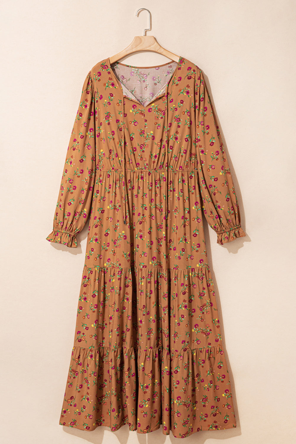 Brown Plus Size Floral Split V Neck Ruffled Sleeve Tiered Maxi Dress (Warehouse Exclusives - Online only)