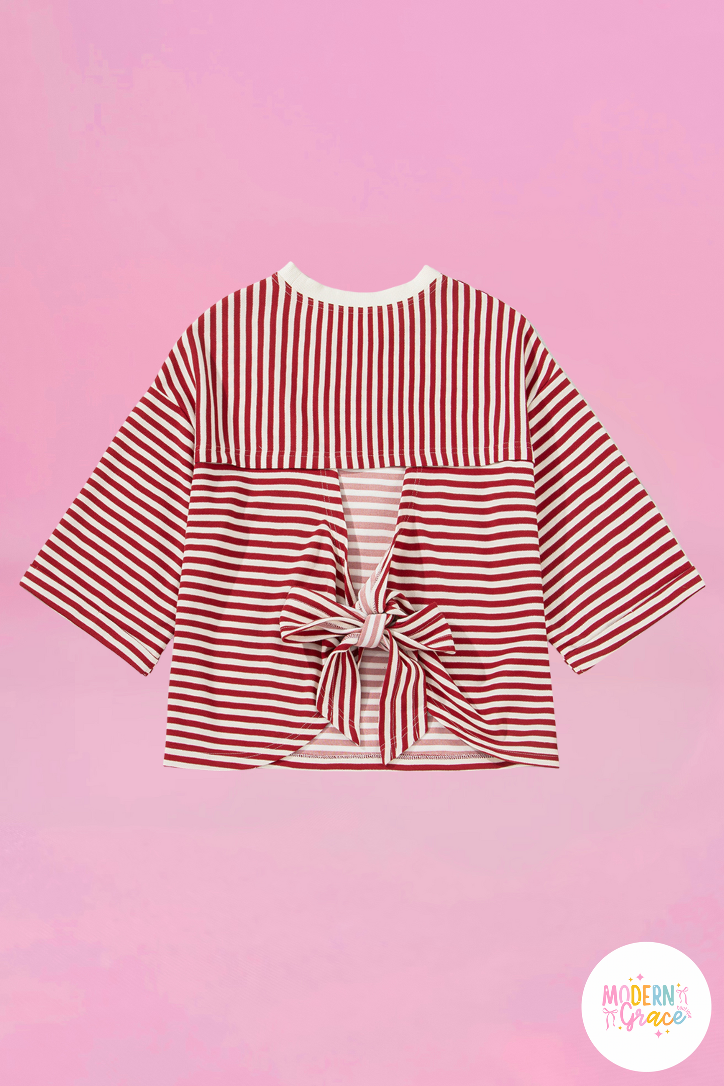 Red Stripe Bowknot Cutout Back Drop Shoulder Wide Bracelet Sleeve Loose Tee
