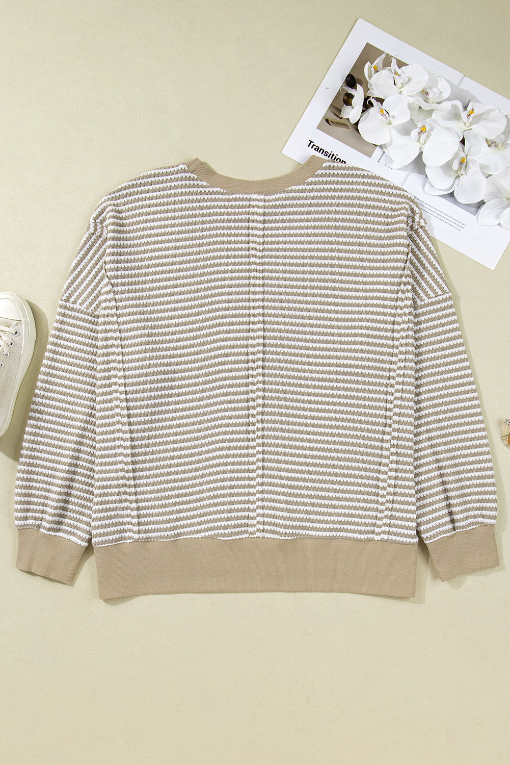 CURVY Brown Stripe Plus Size Breathable Knit Ribbed Trim Long Sleeve Top (Warehouse Exclusives - Online only!)