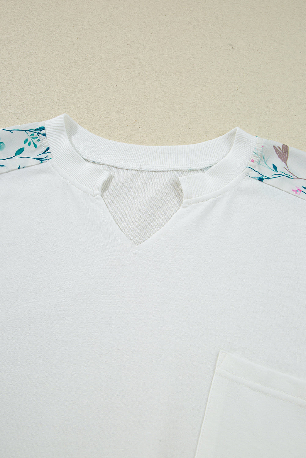White Floral Colorblock Patchwork Chest Pocket Notched Neck Long Sleeve Top (Warehouse Exclusive)