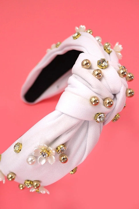 White Knotted Daisy Flower Pearl Headband