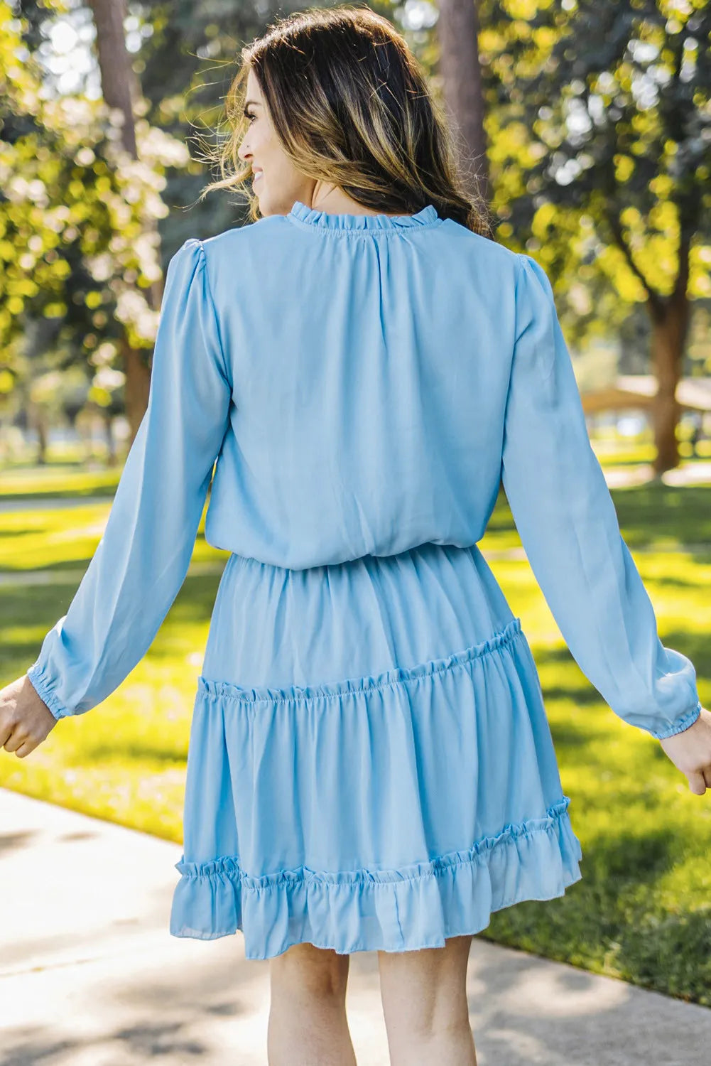 Light Blue V Neck Long Sleeve Ruffle Tiered Mini Dress
