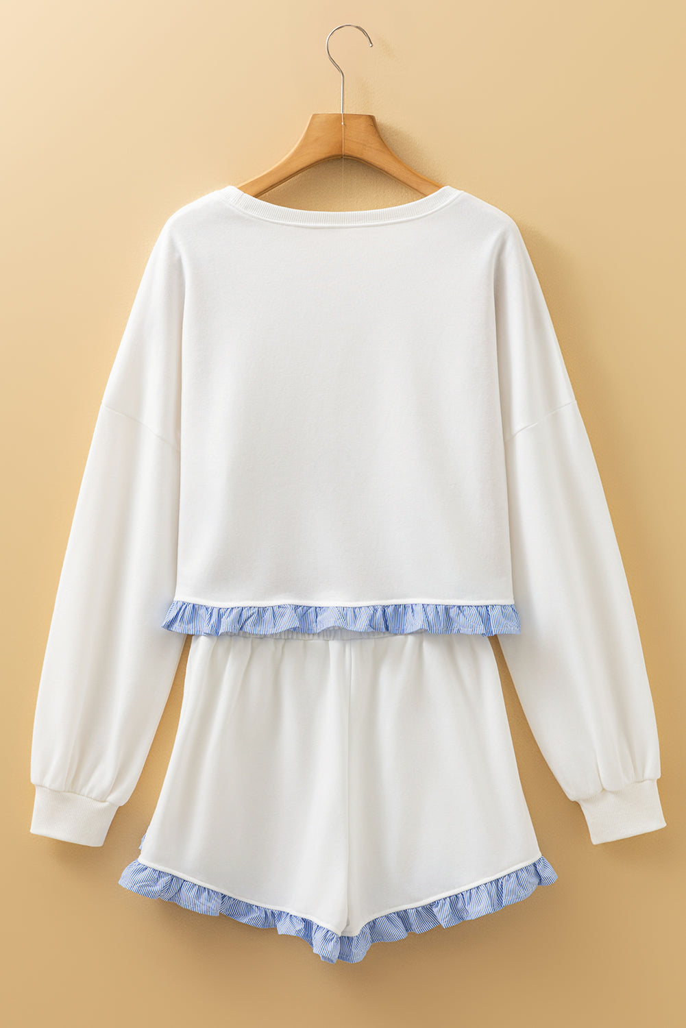 White Plaid Ruffled Patchwork Drop Shoulder Pullover and Drawstring Elastic Waist Shorts Matching Set (Warehouse Exclusives - Online only)
