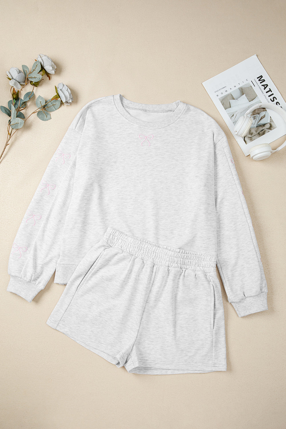 Light Grey Bow Embroidered Detail Puff Sleeve Pullover 2pcs Short Set (Warehouse Exclusives)