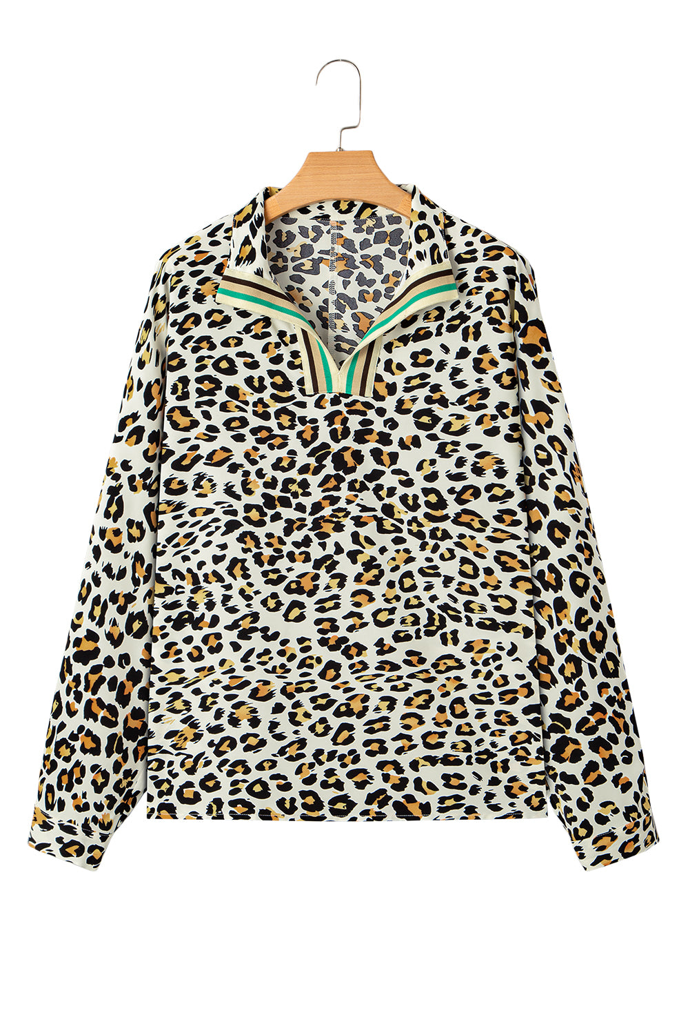 Khaki Leopard Print Contrast Striped V Neck Blouse (Warehouse Exclusives-Online Only)