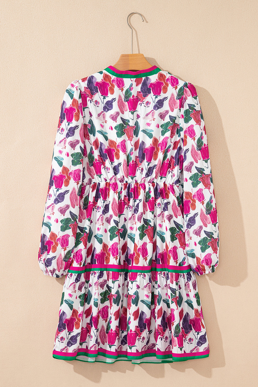 Purple floral print contrast striped detail long sleeve mini dress by Modern Grace, featuring vibrant floral pattern and striped accents.