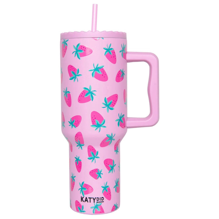 Modern Grace Subtle Strawberry 38 oz insulated stainless steel tumbler with a pink strawberry design and a clear lid.
