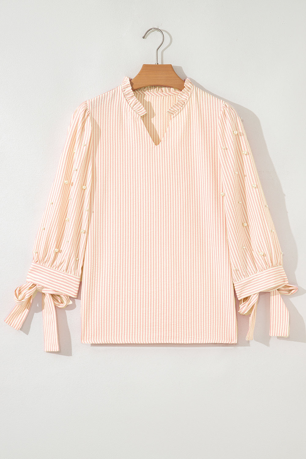 Stripe Bow Knot Cuff Pearl Embellished Puff Sleeve V Neck Blouse (Warehouse Exclusives - Online only!)