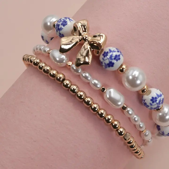 Blue Ceramic Porcelain Bow Multi-Layer Bracelet