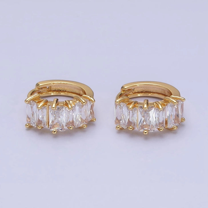 Gold Clear Baguette Lined 13mm Huggie Earrings