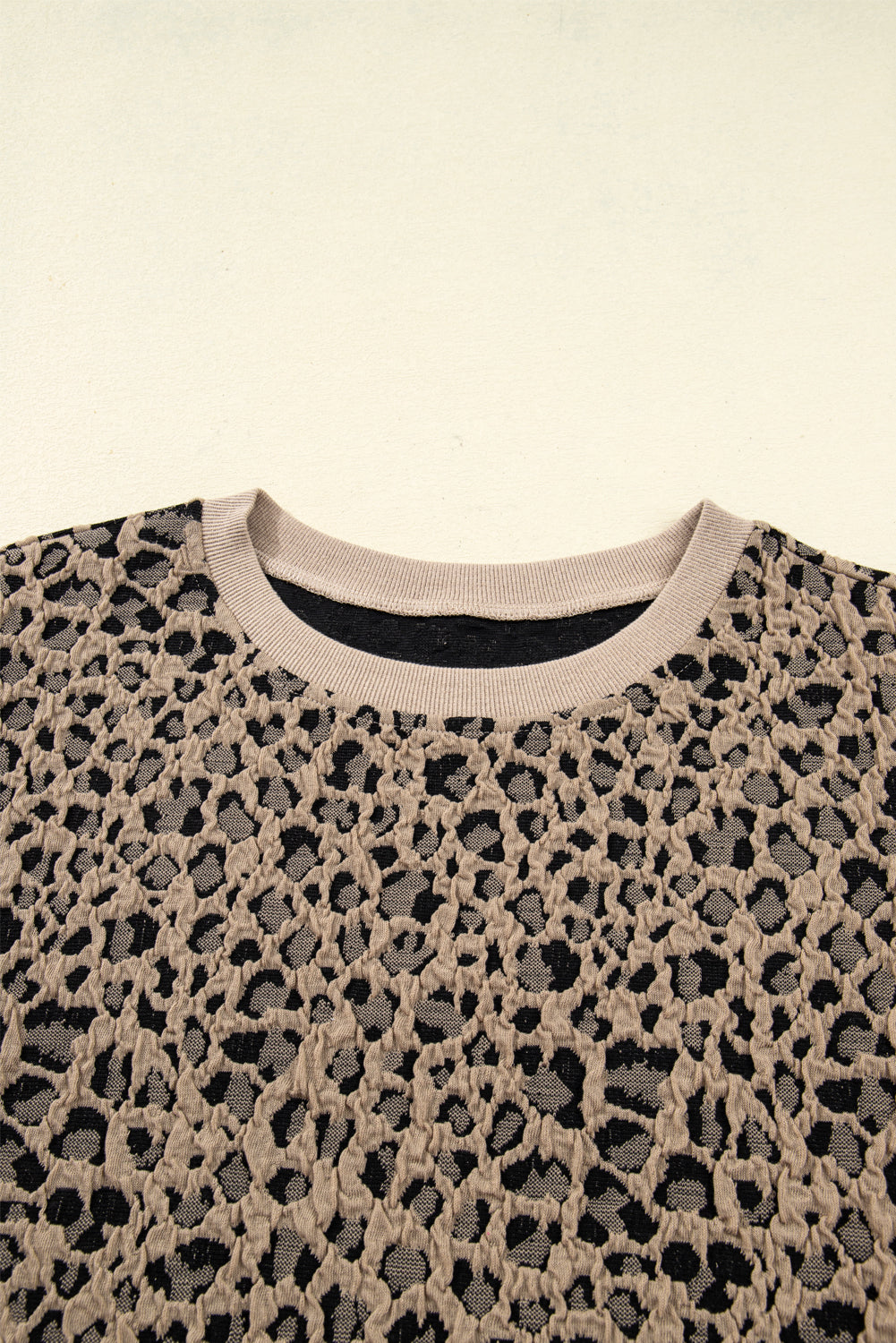 Khaki Leopard Textured Ribbed Trim Plus Size Long Sleeve Top (Warehouse Exclusives)
