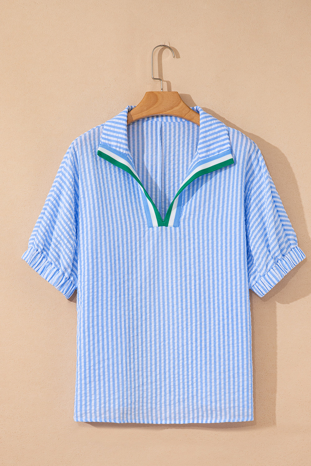 Sky Blue Striped Print Split Neck Blouse (Warehouse Exclusive)