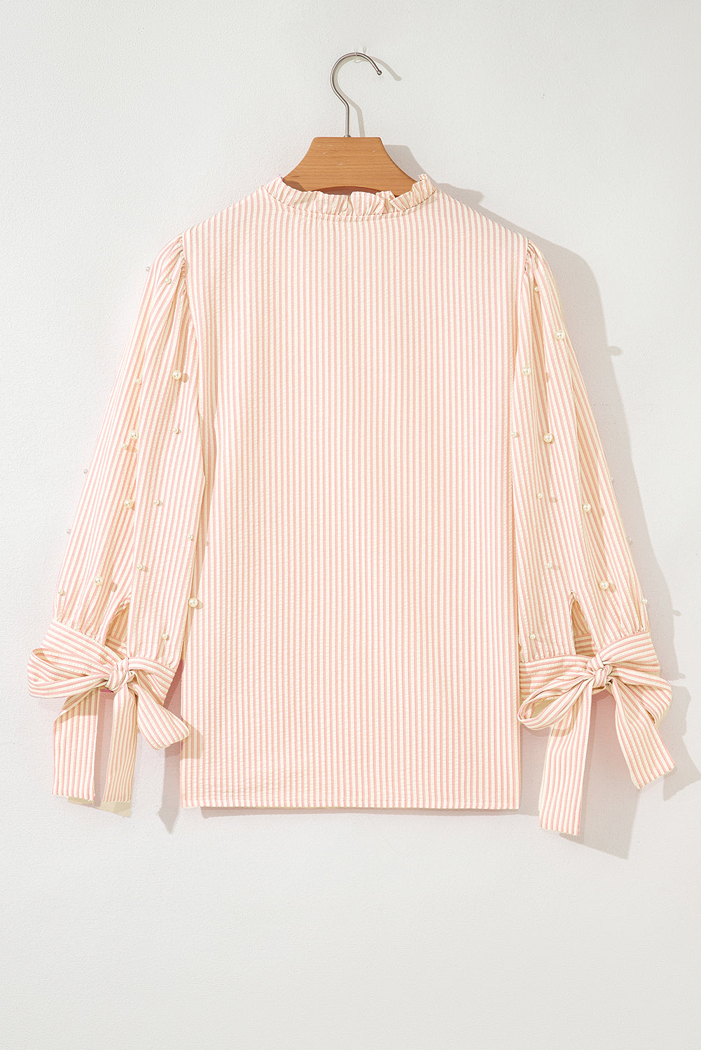 Stripe Bow Knot Cuff Pearl Embellished Puff Sleeve V Neck Blouse (Warehouse Exclusives - Online only!)