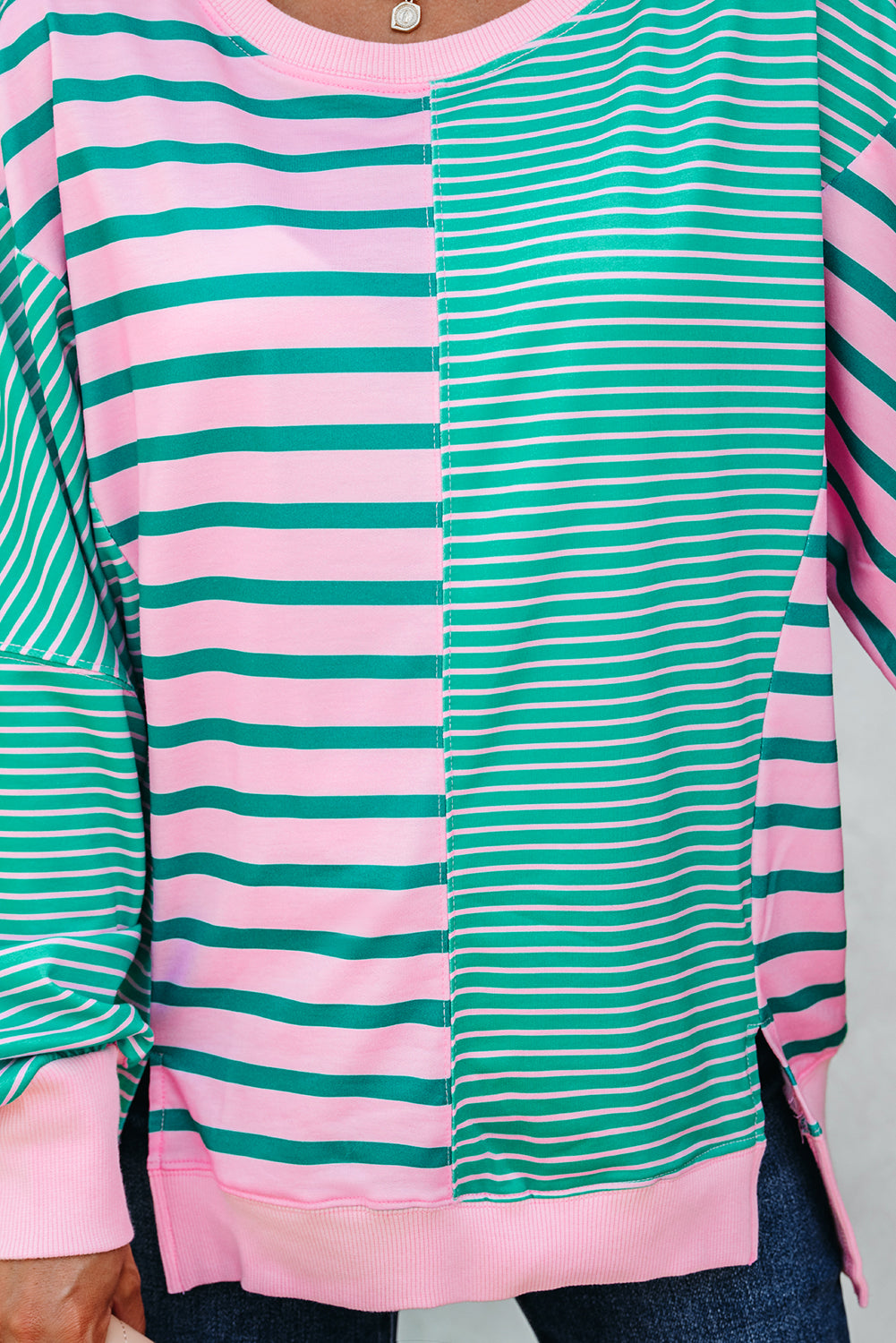 Green Stripe Mix Pattern Color Block Patchwork Side Slit Baggy Sweatshirt (Warehouse Exclusives-Online Only)