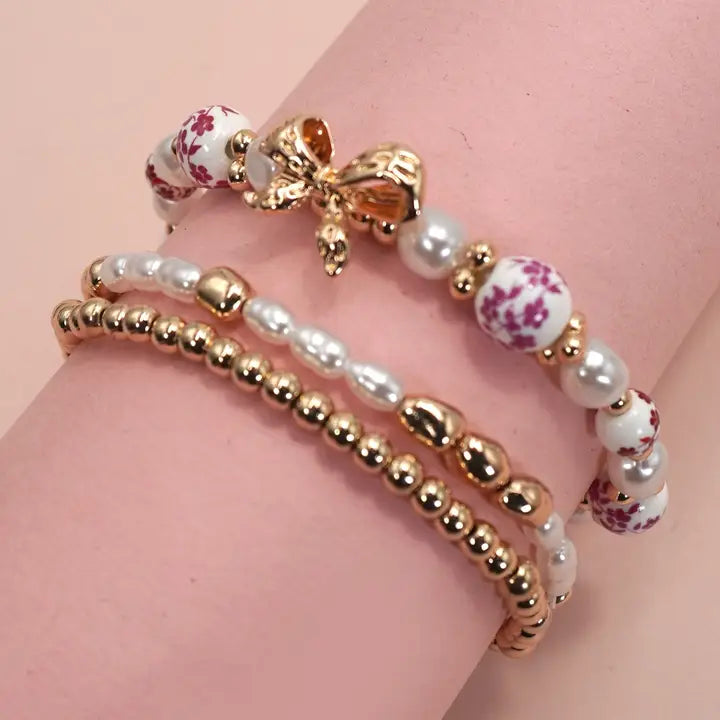 Pink Ceramic Porcelain Bow Multi Layer Bracelet
