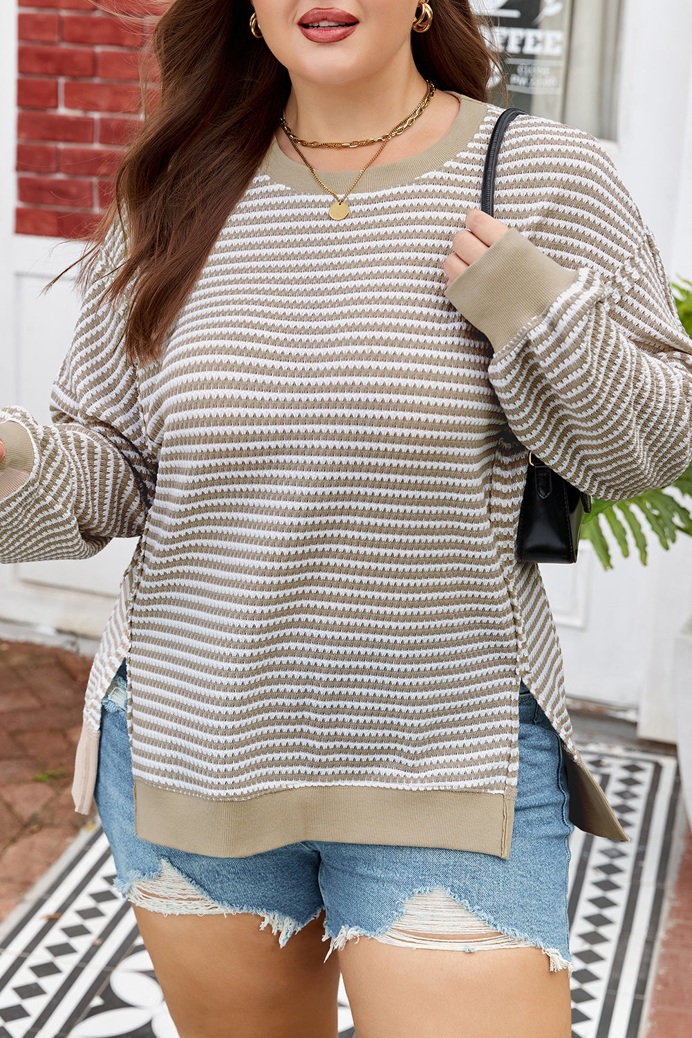 CURVY Brown Stripe Plus Size Breathable Knit Ribbed Trim Long Sleeve Top (Warehouse Exclusives - Online only!)