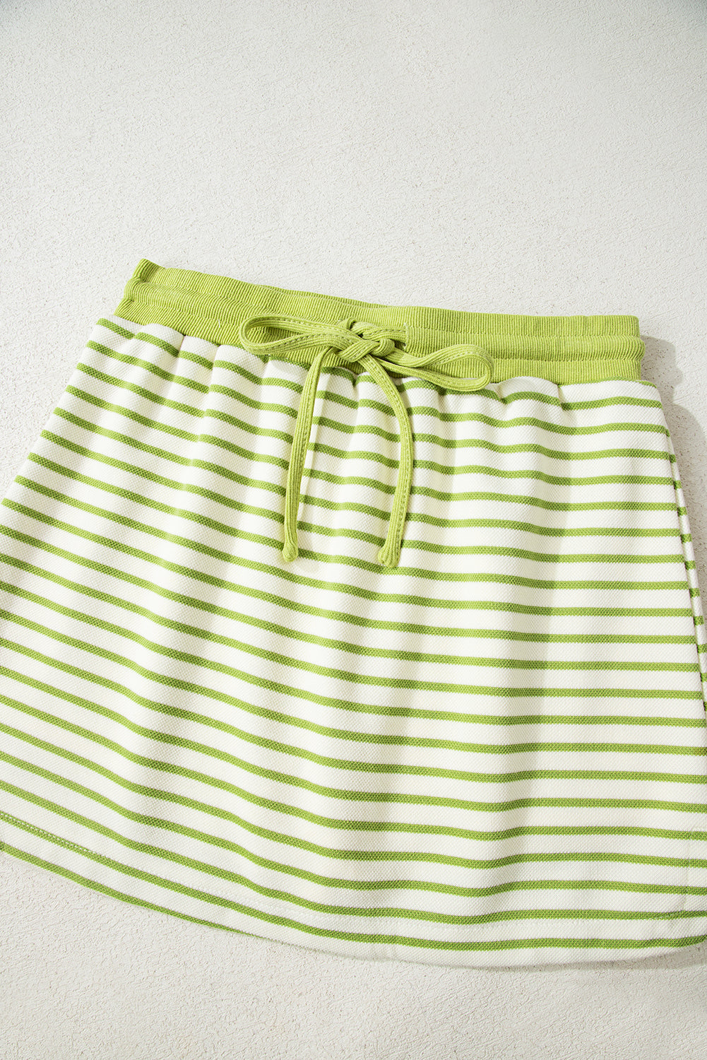 Green Stripe Collared V Neck Drop Shoulder Pullover and Skort 2pcs Outfit (Warehouse Exclusive)