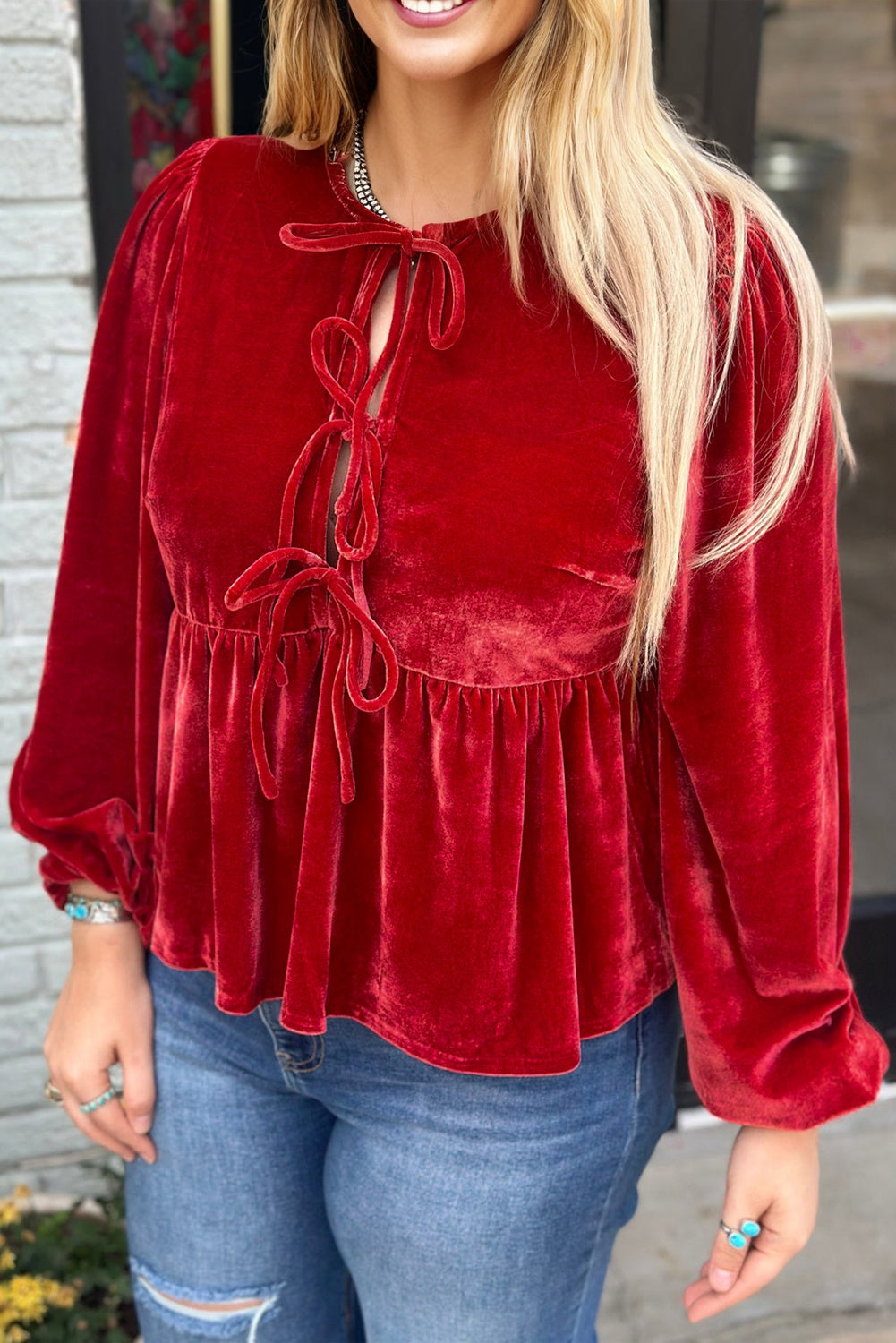 CURVY Red Clay Plus Size Tie Front Velvet Peplum Blouse (Warehouse Exclusives - Online only!)