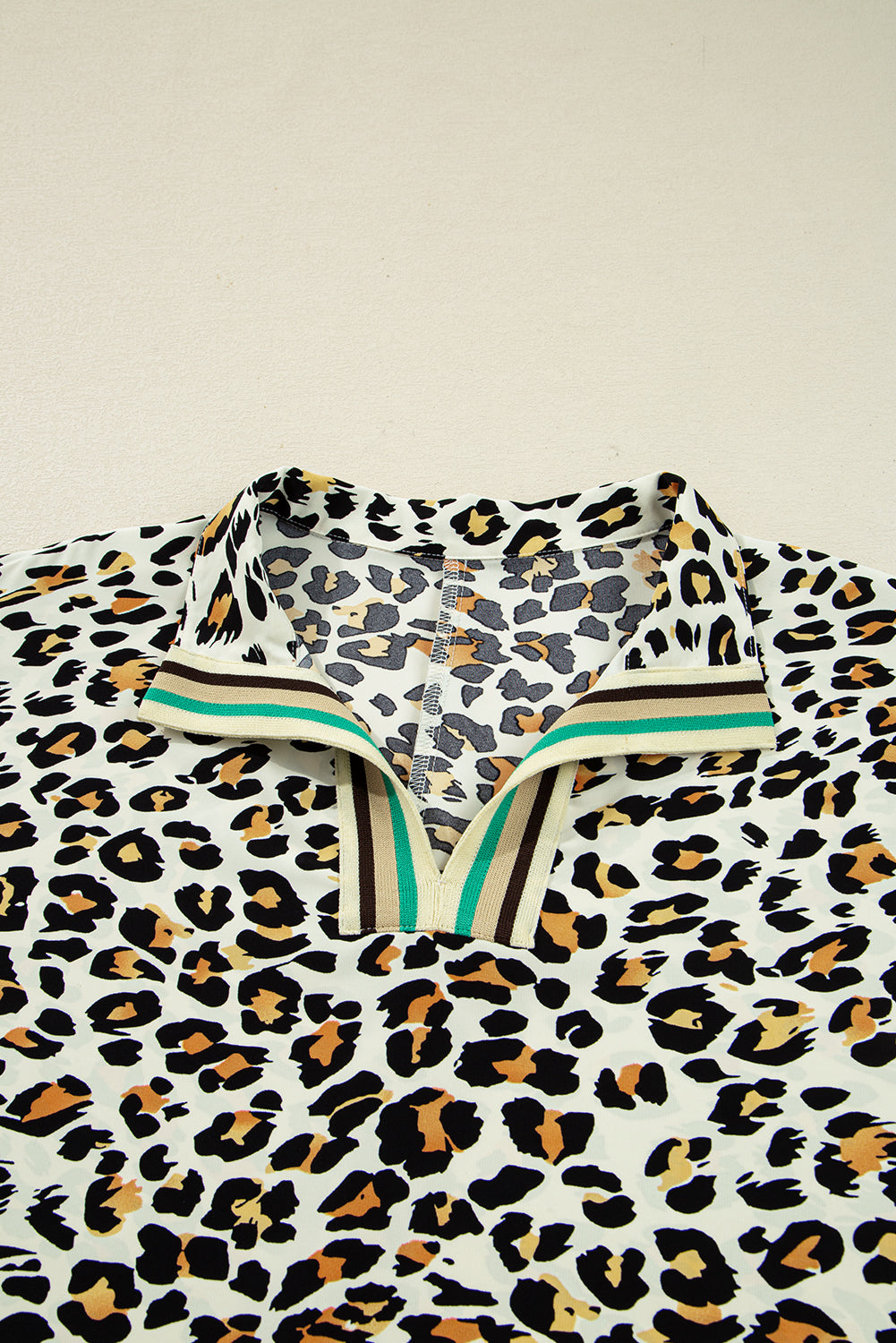 Khaki Leopard Print Contrast Striped V Neck Blouse (Warehouse Exclusives-Online Only)