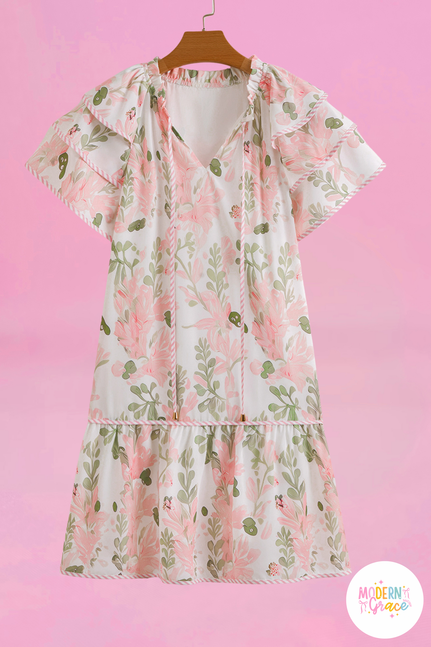 Curvy Pink Floral Print Striped Detail Dress